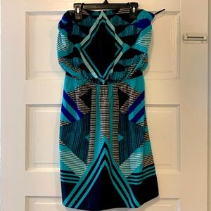 Express strapless blue and green printed dress